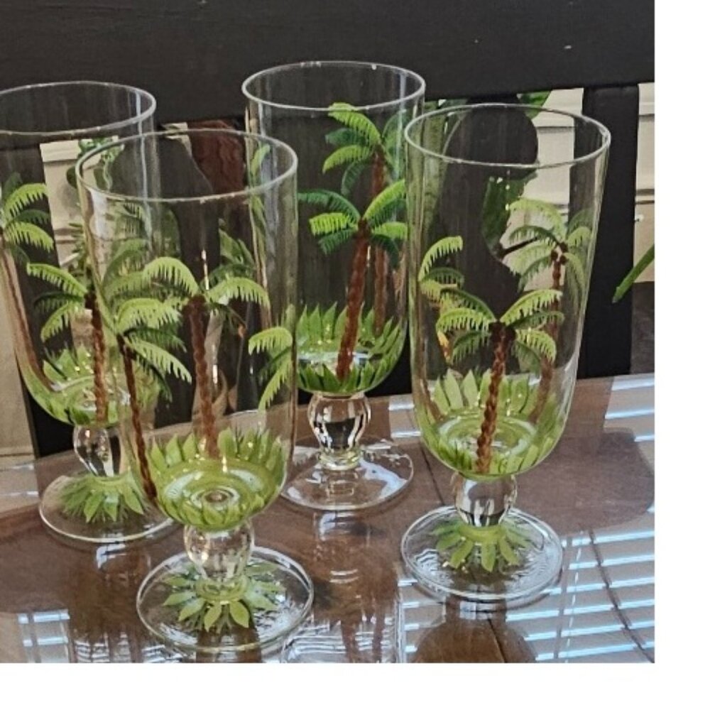 4 Hand Painted Drinking Glass Glasses Tropical Palm Trees Goblet Glass